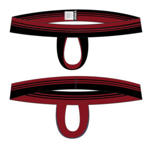 Two views of a red and black WOOF Enhancement & Commando Support Jockstrap v5 (Black Logo) martial arts belt. The upper view shows the belt folded with bulge enhancement visible, and the lower shows it fully stretched out.