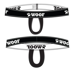 Two WOOF Enhancement & Commando Support Jockstrap v5 (Black Logo) collars with the word "woof" and paw prints designed on them, displayed in a flat layout with bulge enhancement.