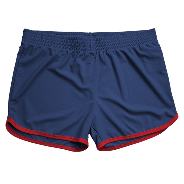 WOOF Anywear™ Liner-Free Commando Swim Shorts "Stealth Cruisers" with a red trim and bulge enhancement, displayed against a white background. They feature an elastic waistband and a slightly curved hemline, perfect for freeballing.
