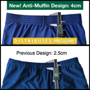 Comparison of two waistband designs showcasing the new 4cm anti-muffin top design versus the previous 2.5cm version.
