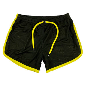 WOOF Holographic Mesh Training Shorts "Commandos" (FINAL SALE!) with yellow trim and drawstrings, featuring a mesh-like fabric texture and bulge enhancement, displayed against a white background.