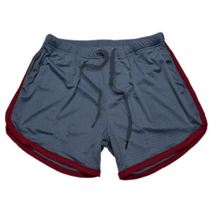 Dark blue sports shorts with a red trim, featuring a drawstring waist and a mesh fabric design, perfect for those who prefer to go Commando. The shorts are laid flat against a white