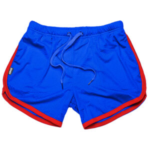 Blue athletic shorts featuring bulge enhancement and a red trim, with a white drawstring, designed for those who prefer to go Commando. The fabric is mesh-like for breathability, displayed