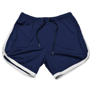 Navy blue athletic shorts with white trim and a drawstring waist, designed for freeballing, displayed flat on a white background.