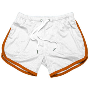 White mesh athletic shorts with bulge enhancement and orange trim, featuring a drawstring, displayed on a plain white background.