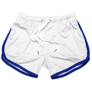 White mesh sports shorts with blue trim and bulge enhancement, featuring a drawstring, isolated on a white background.