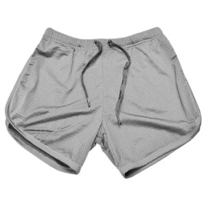 Gray mesh athletic shorts with bulge enhancement and a drawstring waist, displayed flat on a white background.