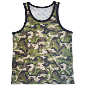 A sporty sleeveless tank top featuring a green, brown, black, and white camouflage pattern designed for those who prefer to go Commando, displayed flat against a white background.