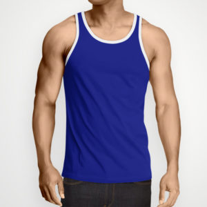 A guy wearing a blue tank top paired with dark jeans, presenting a fit physique with bulge enhancement, front view with no face visible.