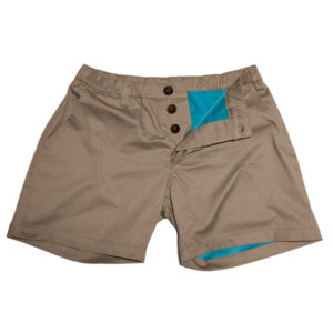 WOOF Commando Safe Chino Men's Short Shorts, 4 inch Inseam, Mesh-Lined "Classics" with teal accents, featuring bulge enhancement and a buttoned front, displayed on a white background.