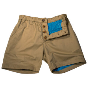 A pair of WOOF Commando Safe Chino Men's Short Shorts with a button closure and bulge enhancement, displayed on a white background.