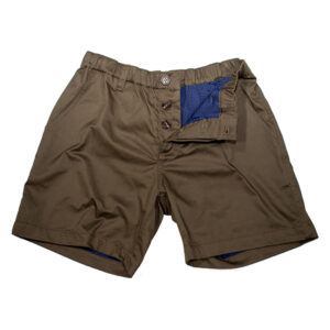 A pair of olive green shorts with bulge enhancement and a blue inner lining, featuring a button closure and pockets, displayed on a white background.