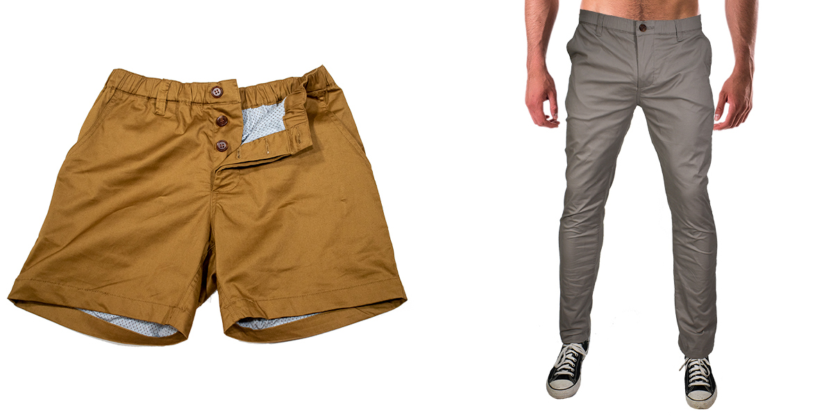 Two images side by side: on the left, a pair of brown cargo shorts with bulge enhancement, and on the right, a guy freeballing in gray trousers and black sneakers.