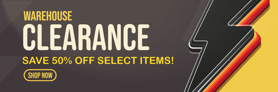 A promotional banner for a warehouse clearance sale, featuring a bold "CLEARANCE" headline and an offer of "SAVE 50% OFF SELECT ITEMS!" with a "SHOP NOW" button, set against a dynamic orange and yellow background with black and red accents.
