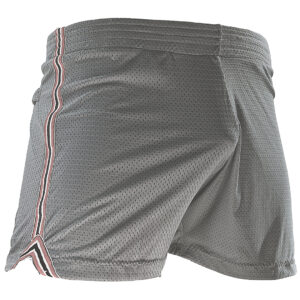 Navy WOOF Freeball Mesh Field Shorts designed for bulge enhancement with a mesh texture and a white and red stripe running down the side, ideal for those who prefer to go Commando. The shorts are displayed against a white background.