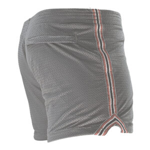 WOOF Freeball Mesh Field Shorts, Athletic Fit (Navy) with bulge enhancement, a perforated design, and double white and orange side stripes, displayed on a white background.
