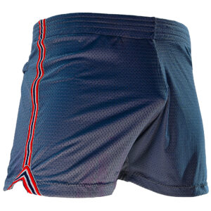 WOOF Freeball Mesh Field Shorts, Athletic Fit (Navy) with a mesh texture and bulge enhancement, featuring a red and white stripe on each side, displayed on a white background.