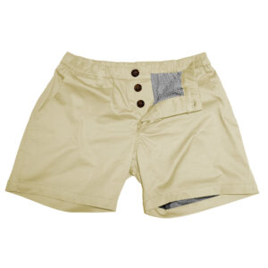 Solid Pines toddler shorts with a button-up front and a patterned pocket on the upper left leg, available for pre-order, displayed on a white background.