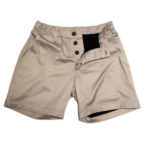 A pair of beige casual shorts with bulge enhancement, an elastic waistband, and three visible brown buttons, displayed flat on a white background.