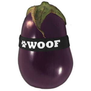 A glossy purple eggplant with a green cap, wearing a WOOF cockring (Black) collar and bulge enhancement.
