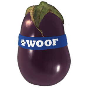 A glossy purple eggplant with a WOOF cockring (Royal) around it, featuring a white paw print design and a noticeable bulge enhancement.