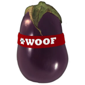 An eggplant with a WOOF cockring (Red) labeled "woof" with a white paw print, placed around its middle against a white background.
