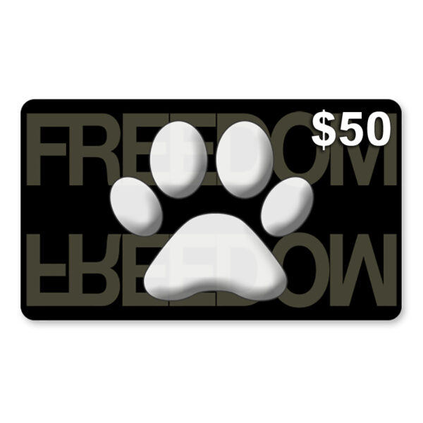A black WOOF Gift Card ($50 Value) with a white paw print in the center and the words "go Commando" written boldly across it.