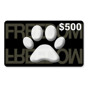 Black WOOF Gift Card design with the words "freedom" and "go Commando," featuring a white paw print and the price "$500" placed in the center.