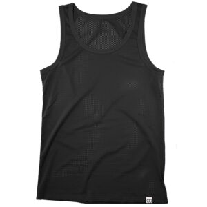 A black, sleeveless sports tank top featuring a mesh fabric design for breathability and bulge enhancement, displayed on a plain white background. The tank top is laid flat and has a round neckline.
