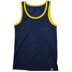 Blue and yellow WOOF Weightless Mesh Nylon-Spandex Mens Retro Gym Tank Top "Cals" laid flat, featuring a sleeveless design and bulge enhancement, with a small logo near the bottom right corner.