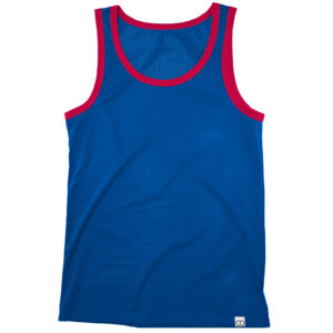A blue mesh sports tank top with red trim around the neck and armholes, designed for bulge enhancement, displayed on a white background.