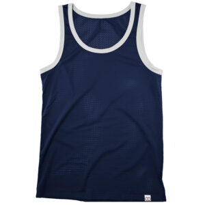 A dark blue sports tank top with mesh design and bulge enhancement, featuring white trim around the neck and arm holes, laid flat against a white background.