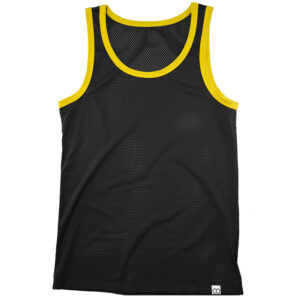 A black sports mesh tank top with yellow trim around the neckline and armholes, designed for freeballing, displayed on a white background.