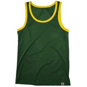 Green and yellow WOOF Weightless Mesh Nylon-Spandex Mens Retro Gym Tank Top "Commandos" with a mesh texture designed for bulge enhancement, sleeveless and without any visible logos or text, displayed flat.