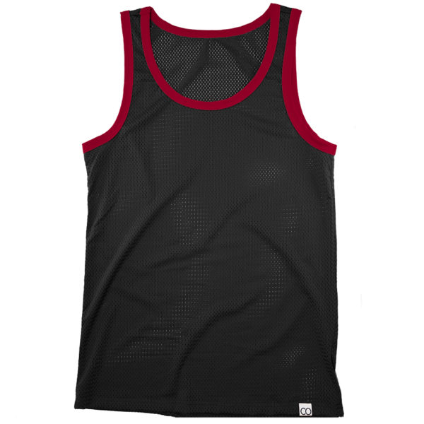 Black and red sleeveless sports jersey with a mesh design, ideal for freeballing, placed on a flat surface.