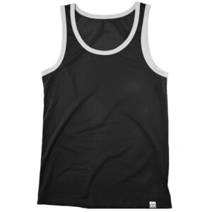 Black sleeveless sports jersey with mesh fabric and bulge enhancement, displayed on a white background.