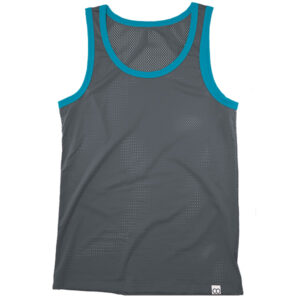 A gray sports tank top with breathable mesh fabric and teal accents around the neckline and armholes, designed for freeballing, displayed on a plain background.