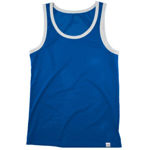 Blue mesh sports tank top isolated on a white background, featuring bulge enhancement and white trim around the neck and armholes.
