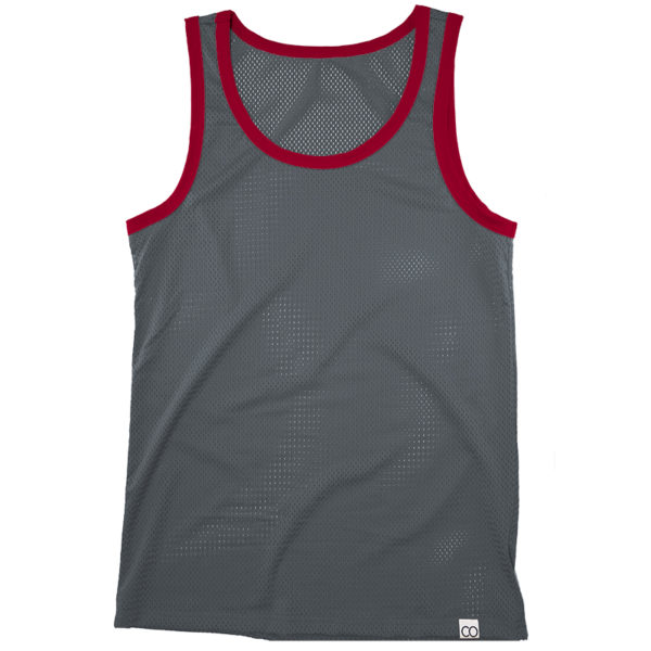 A gray sports tank top with red trim, featuring breathable mesh fabric and bulge enhancement, displayed against a white background.