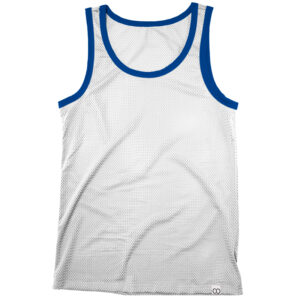 A white mesh basketball tank top with blue trim around the neckline and armholes, ideal for those who prefer to go Commando, displayed against a white background.