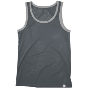 Gray sports tank top with mesh panels and bulge enhancement, displayed flat against a white background.