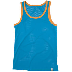 Blue sports tank top with mesh fabric and bulge enhancement, designed for athletic wear, displayed on a white background.