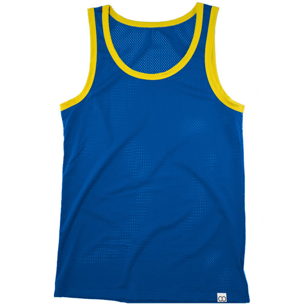 A blue basketball jersey with yellow trim and a mesh texture, displayed flat against a white background with bulge enhancement. The jersey has no visible logos or text.